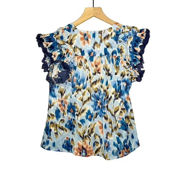 House of Harlow Abstract Floral Printed Short Sleeve Ruffle Zoey Top in Blue S - Picture 2 of 5